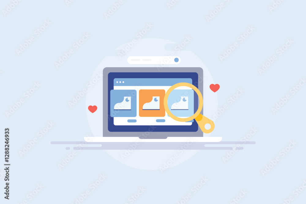 Browsing shoes products on ecommerce web store on laptop screen, online store marketing concept. Browsing shoes products on ecommerce web store on laptop screen, online store marketing concept.