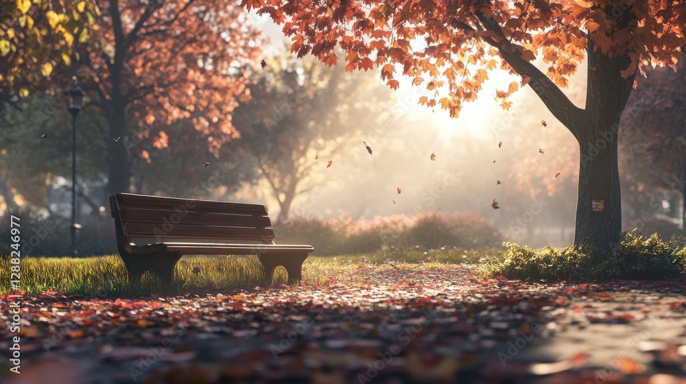 Autumn leaves falling park bench nature scene serene environment early morning light tranquility concept Autumn leaves falling park bench nature scene serene environment early morning light tranquility concept