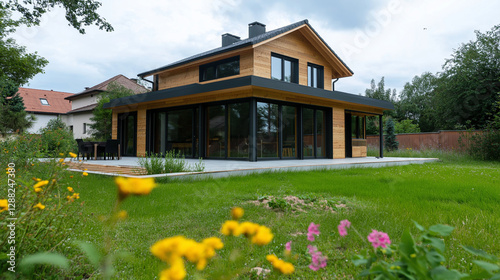 A spacious modern home with an unfinished wooden extension. The construction process reveals a strong timber framework, with future large windows and an inviting terrace planned.