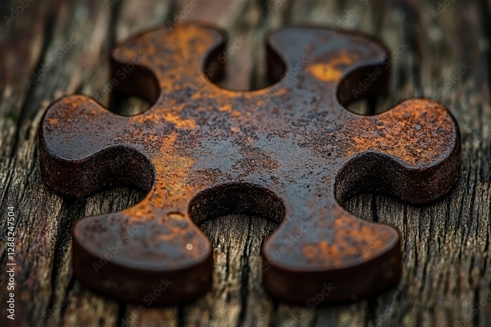 Close-Up Image of an Aged, Rusty Metal Puzzle Piece Resting on Weathered Wooden Planks, Highlighting Texture and Color Variations Close-Up Image of an Aged, Rusty Metal Puzzle Piece Resting on Weathered Wooden Planks, Highlighting Texture and Color Variations