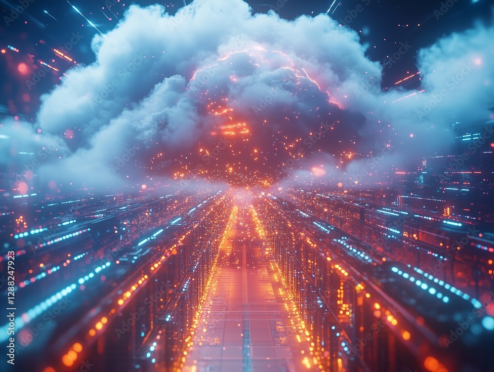 Obraz premium A digital cloud symbolizing modern technology connects data circuits with glowing lights, in the neon background.