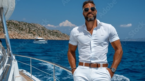 Confident man enjoys a sunny day on a yacht in clear blue waters near a rocky coastline