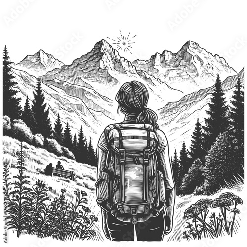 female hiker with a backpack gazing at a breathtaking mountain range, symbolizing adventure and exploration sketch engraving generative ai vector illustration. Scratch board. Black and white image.