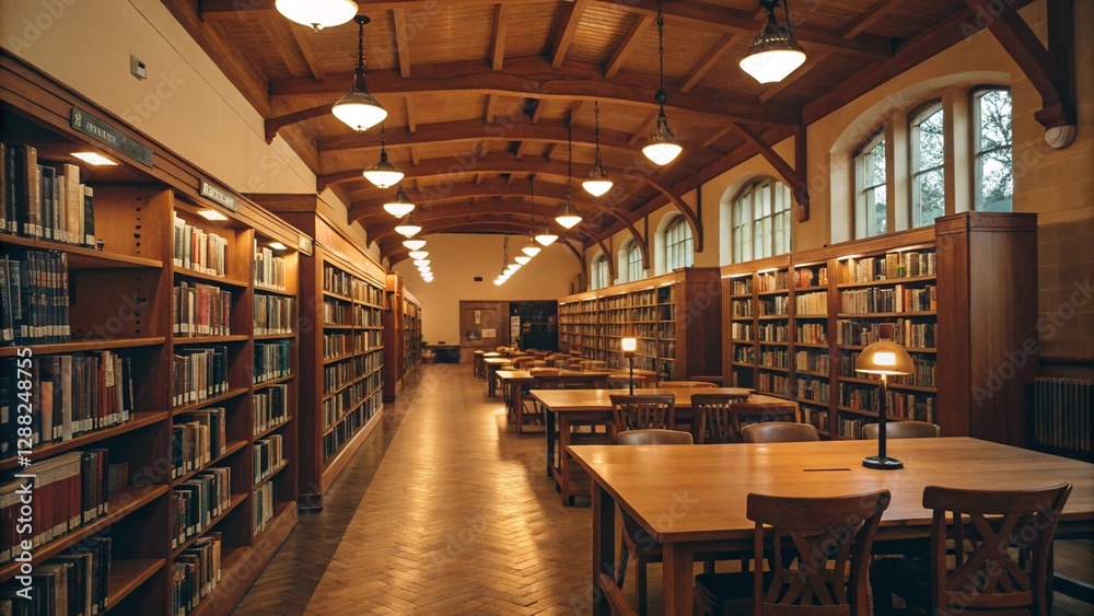 A quiet and classic library with filled bookcases, reading areas, and people reading, representing learning, knowledge, and literary pursuit A quiet and classic library with filled bookcases, reading areas, and people reading, representing learning, knowledge, and literary pursuit