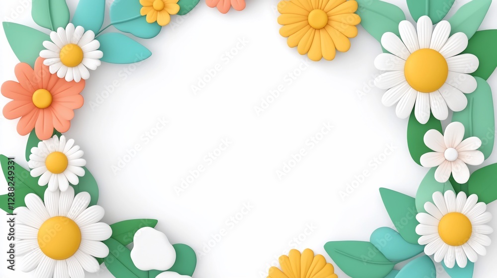 Fototapeta premium Floral frame, white background, 3D render, spring design, greeting card