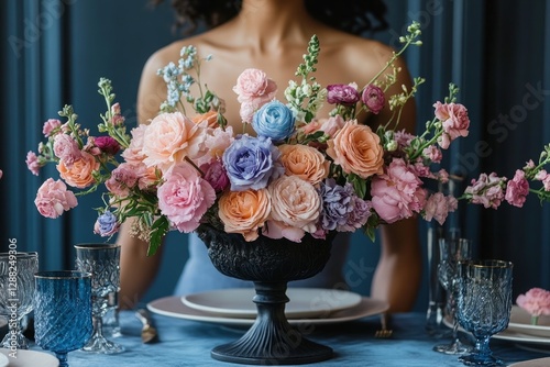 A large floral arrangement in pastel colors sits in a dark urn on a table set for a meal. A person's shoulders and back are visible in the background photo