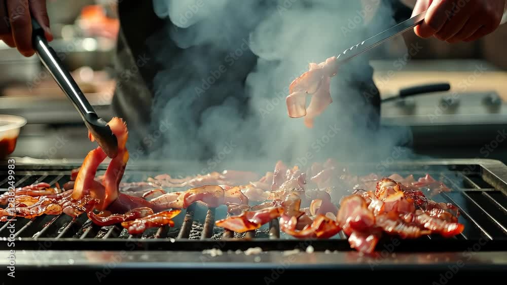 Mouthwatering strips of bacon are being grilled over an open flame at a lively summer cookout, filling the air with savory aromas
