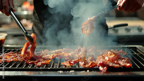 Mouthwatering strips of bacon are being grilled over an open flame at a lively summer cookout, filling the air with savory aromas