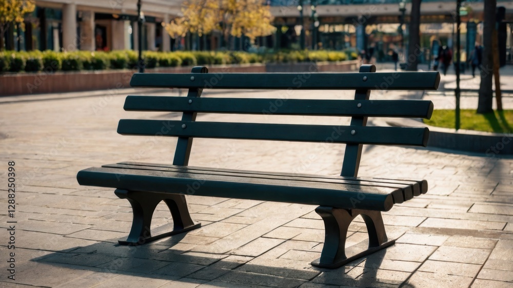 An Empty Wooden Bench for Relaxation in the Mall under Sunlight with Urban City Landscape An Empty Wooden Bench for Relaxation in the Mall under Sunlight with Urban City Landscape