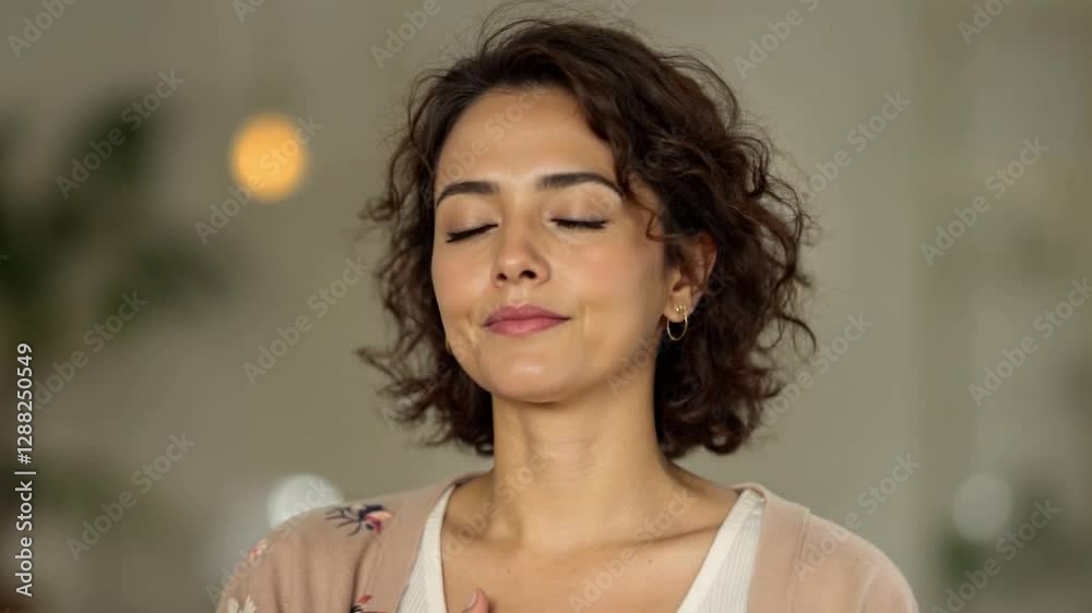 Mindful Woman Practicing Breathing Exercise for Relaxation, Portrait of a serene woman with closed eyes, hand on chest, engaging in a deep breathing exercise to find peace and mindful
