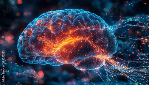 A detailed 3D diagram of the human brain, showing the nervous system with neural pathways, synaptic connections, and colorful electrical signals highlighting its complex structure