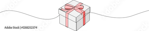 Gift box continuous line drawing. One line present with ribbon bow. Vector isolated on white.