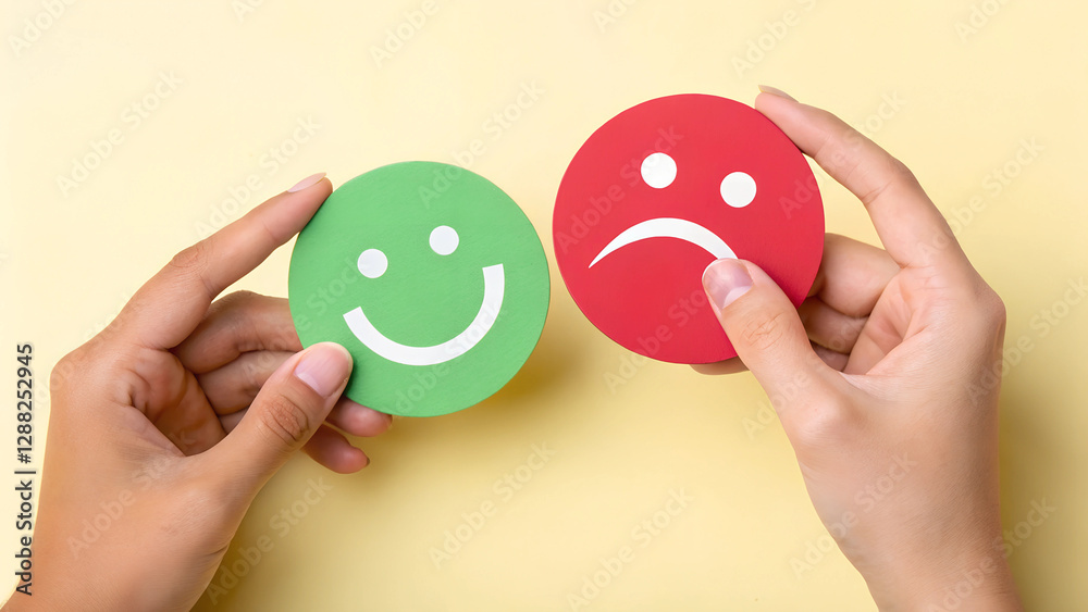 Two Emotional Expression Faces Happy and Sad Mood Concept for Decision Making and Satisfaction Two Emotional Expression Faces Happy and Sad Mood Concept for Decision Making and Satisfaction