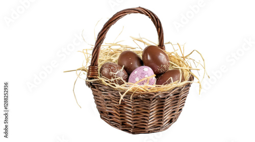 Wicker basket holding decorated chocolate easter eggs on transparent background photo