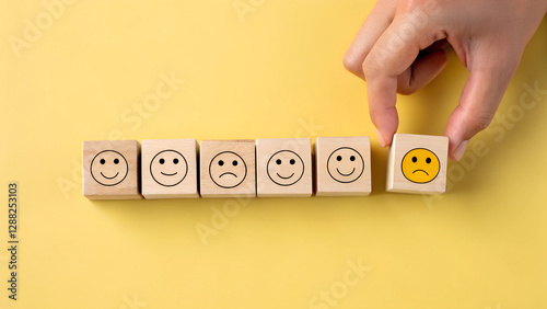 Hand Moving Sad Face Wooden Block Emotional Expression Concept Decision Making and Mood Change
