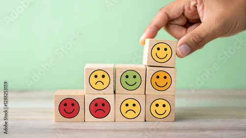 Stacked Wooden Blocks with Happy and Sad Faces Mood Expression and Customer Satisfaction Concept