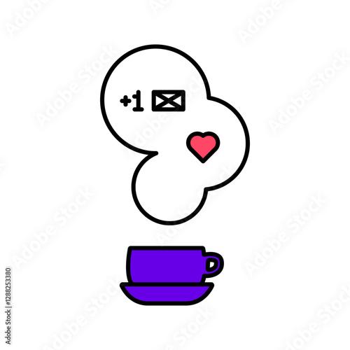 Coffee or tea hot cup icon with steam and new message notification symbol. Vector clipart.