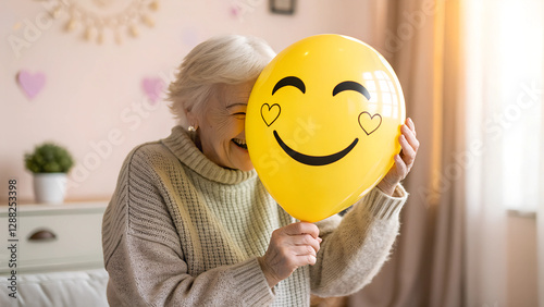 Elderly Woman Holding Smiley Face Balloon Happy Senior Expressing Joy and Positivity at Home