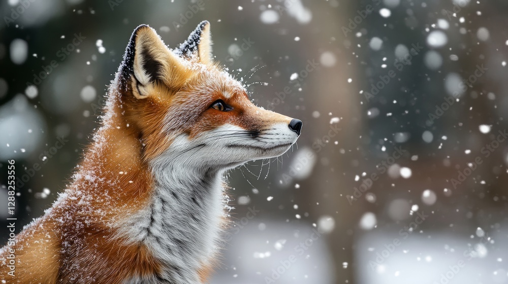 Fototapeta premium Wild red fox gazing in falling snow with blurred forest background, peaceful and serene atmosphere. Nature and winter wildlife concept