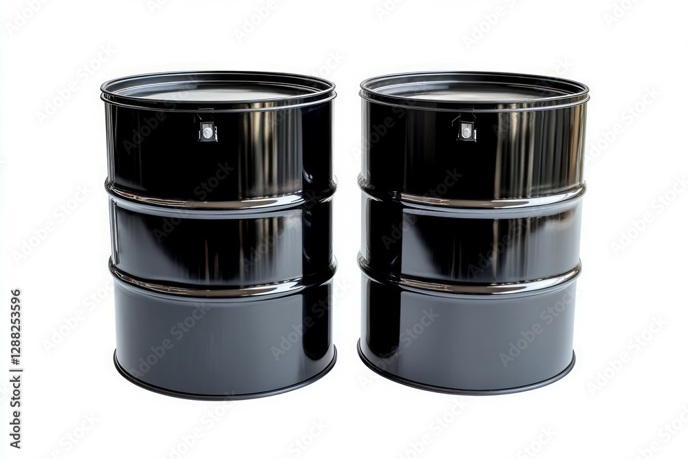 Two black oil drums on solid white background. Neural network AI generated Two black oil drums on solid white background. Neural network AI generated