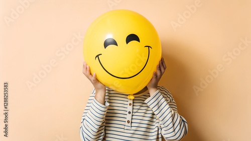Child Holding Smiley Face Balloon Covering Face Fun Playful Happiness Concept on Soft Peach Background