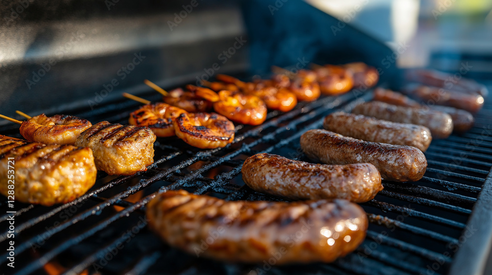 Backyard grill searing a mix of barbecue classics Backyard grill searing a mix of barbecue classics
