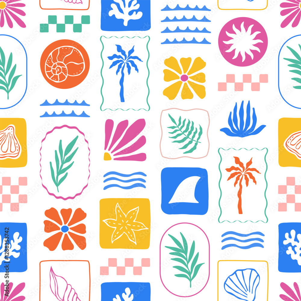 Summer tropical patchwork seamless pattern with palm leaves, flowers, shells, waves and sun. Vector jungle checkered background. Fabric textile print. Surface cover design.