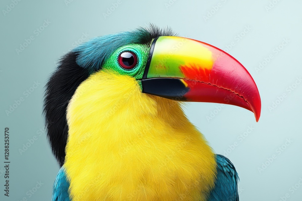 Naklejka premium A Vibrant Close-Up of a Mature Male Toucan with a Multicolored Bill, Capturing the Majestic Beauty of Tropical Wildlife in Detail