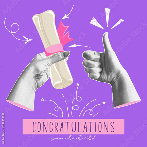 Congratulations, you did it. Trendy halftone collage banner with hands holding diploma and thumbs up. Happy graduation day. Modern retro style. Vector illustration.