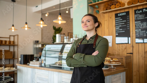 Confident Cafe Owner Standing in Cozy Coffee Shop Small Business Success Barista Entrepreneur Concept