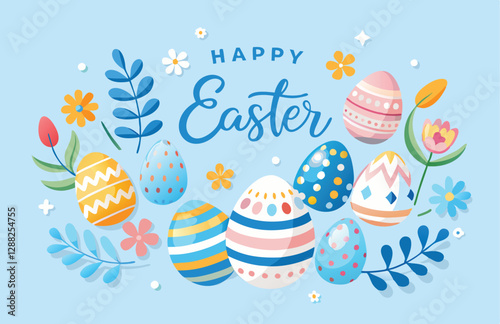 Easter holiday, hare with a basket of Easter eggs, Easter bunny and eggs. Vector illustration