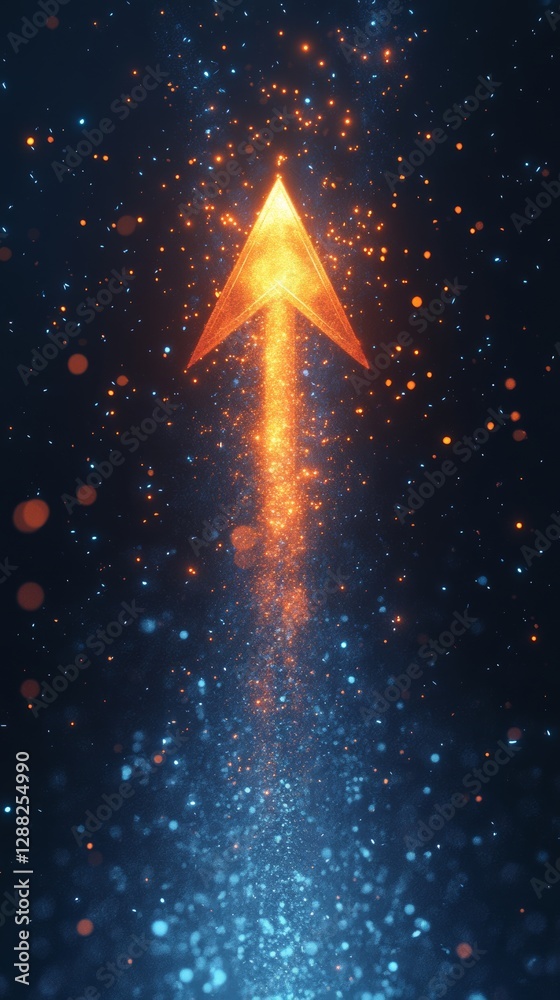 Naklejka premium Illuminated orange arrow surrounded by shimmering particles in dark space, futuristic and digital art concept