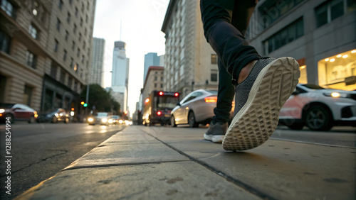 City Walker in Stylish Sneakers Evening Stroll in Urban Environment Active Lifestyle and Fitness photo