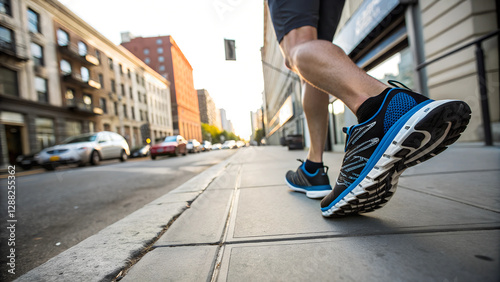 Jogger Wearing Running Shoes Walking on Urban Sidewalk Healthy Lifestyle Sports Training Motivation
