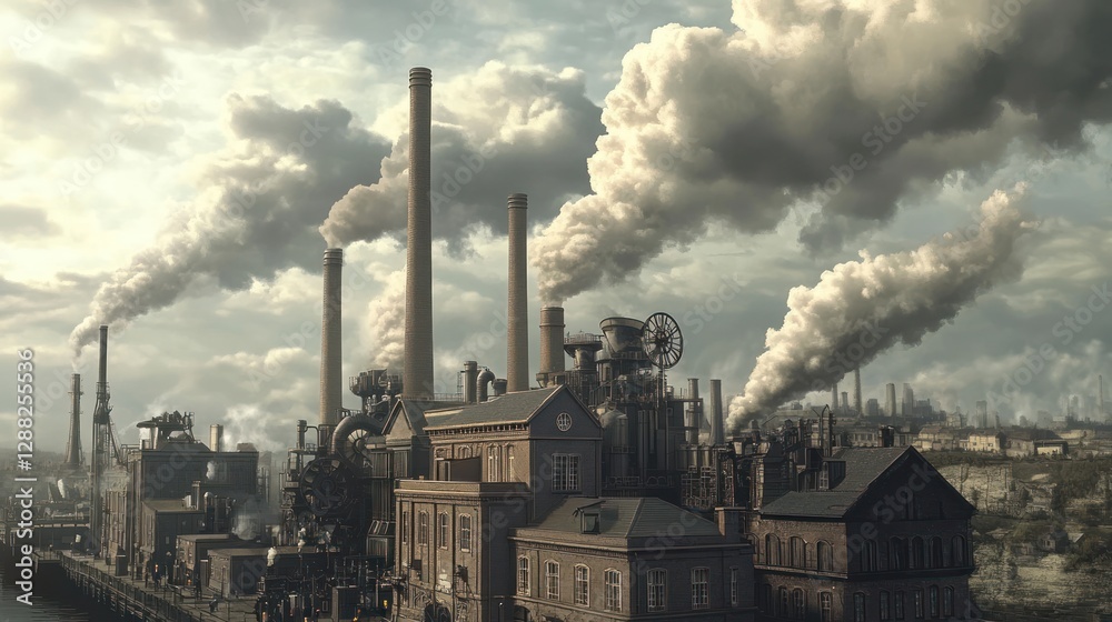 Fototapeta premium Industrial factory complex, smoky emissions, overcast sky, waterfront location