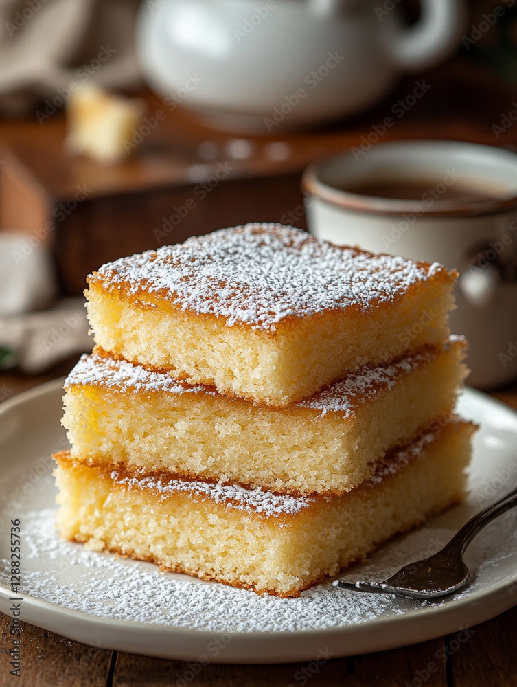 Delicious dessert squares served with a warm beverage Delicious dessert squares served with a warm beverage