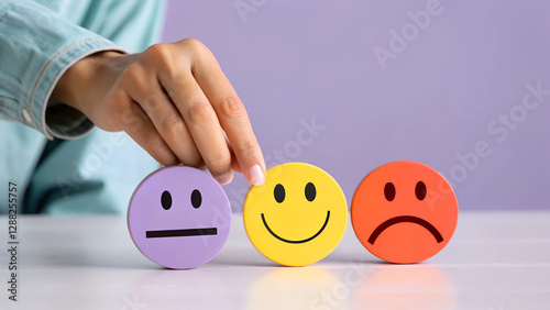Customer Feedback Concept Hand Holding Smiley Face Over Sad Faces Symbolizing Positive Experience
