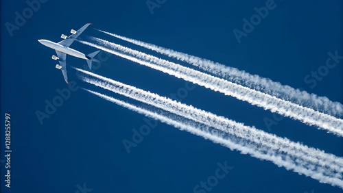 Commercial Airplane Flying at High Altitude Leaving White Contrails in Clear Blue Sky Aviation Travel Concept photo