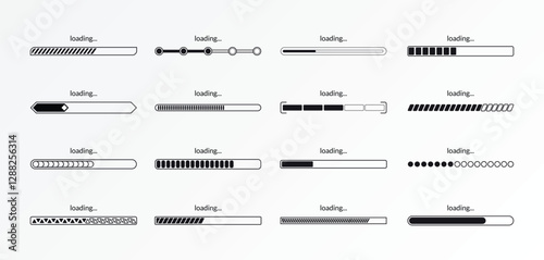 Progress load bar. Indicator of status download. Graphic icons of interface. Neon buttons of speed of upload. Set of web loaders with percent. Futuristic UI for website, game, internet