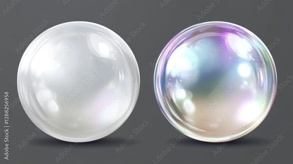 Two iridescent spheres, one white, one with rainbow sheen, on a gray background. Two iridescent spheres, one white, one with rainbow sheen, on a gray background.