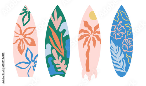 Set of surfboards with surfboards, hibiscus flowers, palms leaves and sea waves. Surf beach vibes tropical illustration. Summer vector isolated elements.