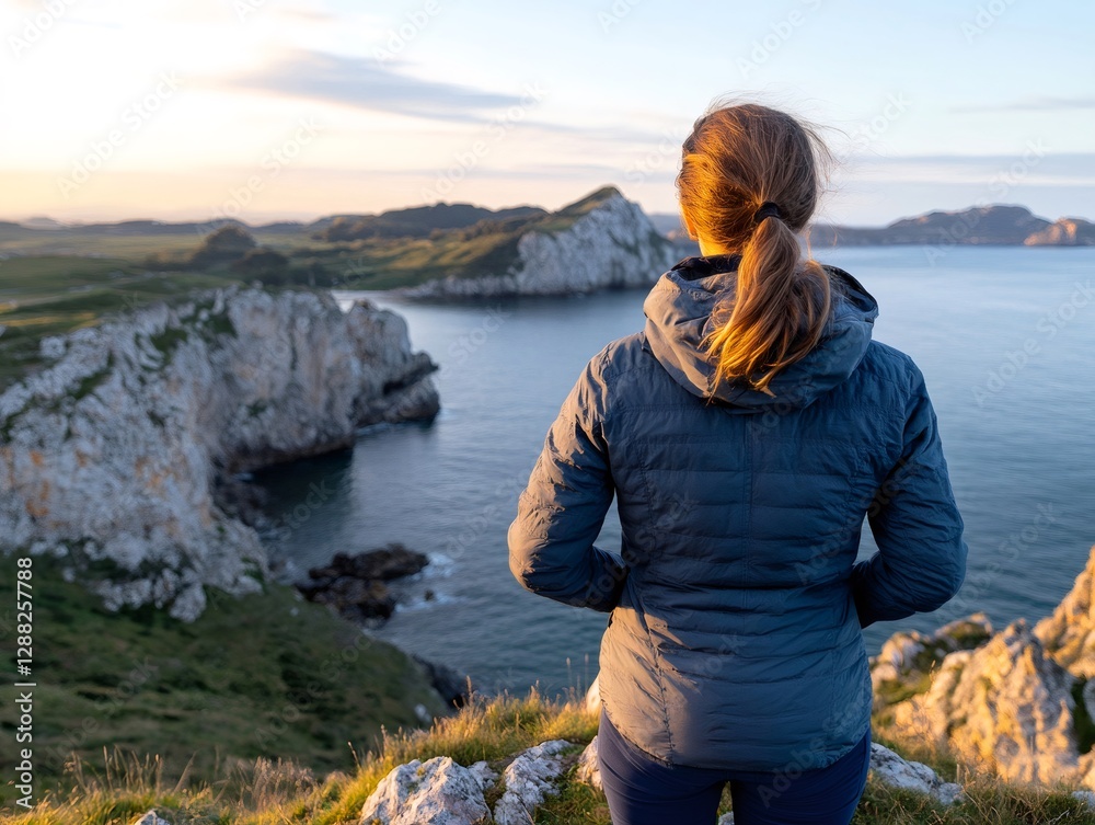 Hiker admiring dramatic cliffs and coastline at sunset Hiker admiring dramatic cliffs and coastline at sunset