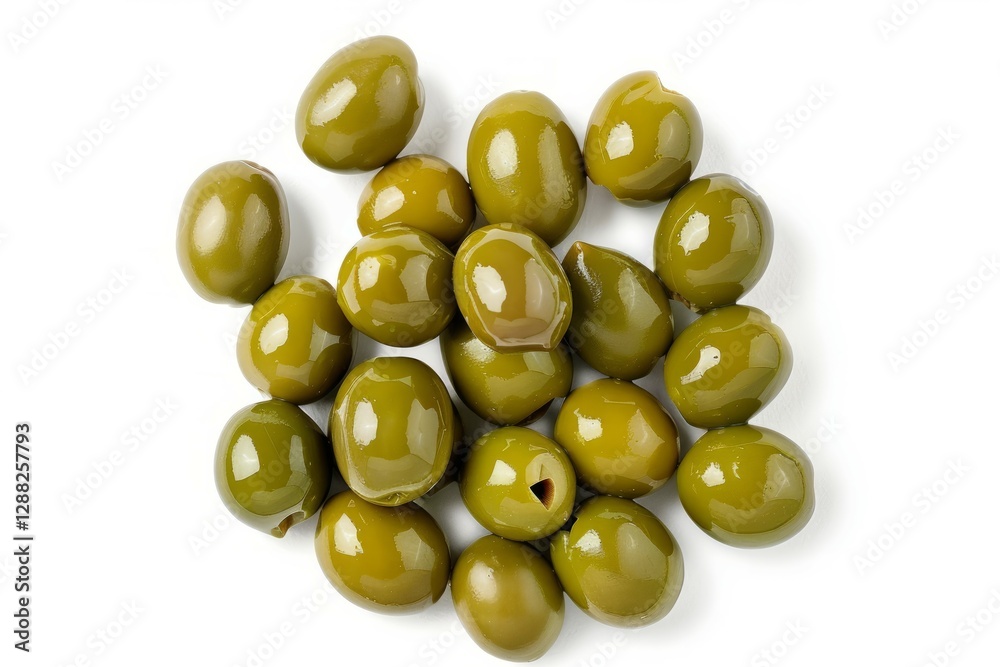 Shiny green olives on white background. Neural network AI generated Shiny green olives on white background. Neural network AI generated