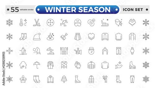 Winter season outline icon collections. Containing Spring, Hail, Humidity, Fall, Fog, Winter, Snow, Wind, Rainy, and Seasons icons. Editable stroke outline icon. 
