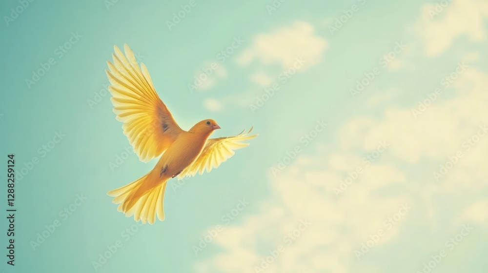 Obraz premium Golden bird soaring in pastel sky, clouds softly in background
