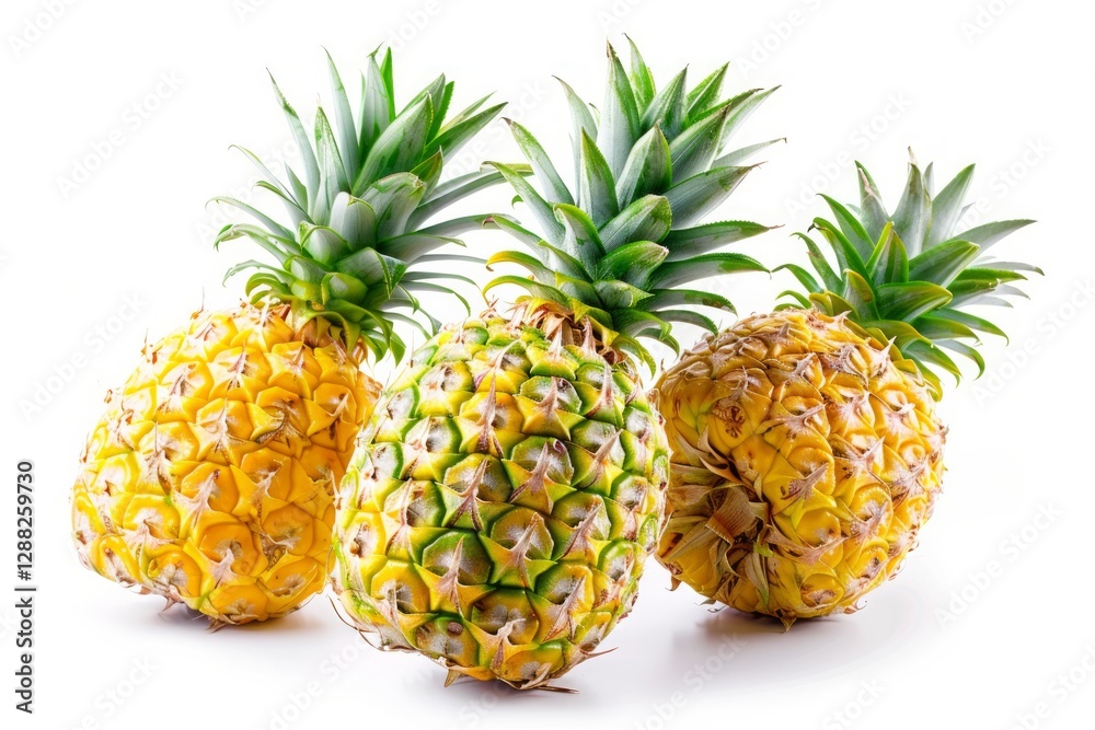 Three pineapples aligned on white background. Neural network AI generated Three pineapples aligned on white background. Neural network AI generated