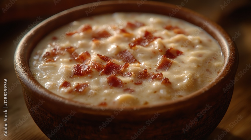 Creamy Soup with Crispy Bacon in Rustic Wooden Bowl Creamy Soup with Crispy Bacon in Rustic Wooden Bowl