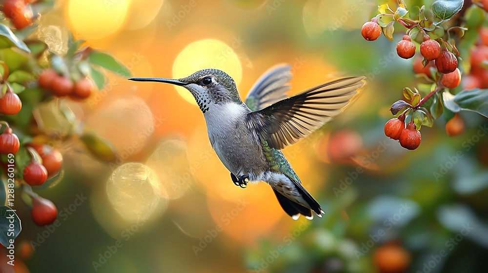 Naklejka premium Close-up of hummingbird in a colorful garden setting