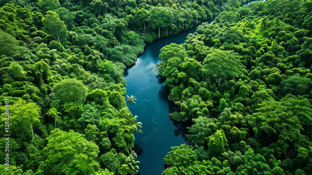 Lush summer rainforest showcasing vibrant greenery and winding rivers under bright sunlight in a tranquil natural setting Lush summer rainforest showcasing vibrant greenery and winding rivers under bright sunlight in a tranquil natural setting