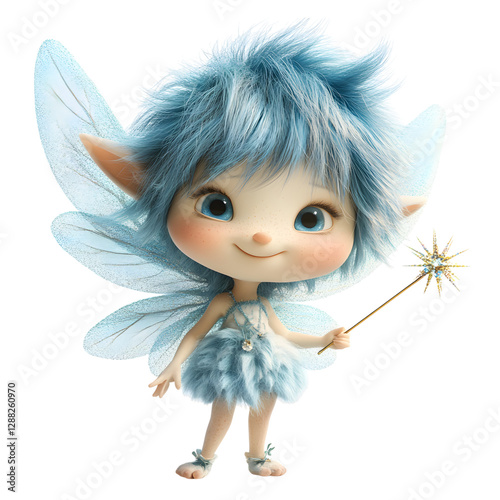 Blue Cartoon Fairy with Wand and Star Isolated on Transparent Background